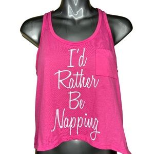 Pink “I’d Rather Be Napping” High Low Racerback Tank Top with Chest Pocket XS